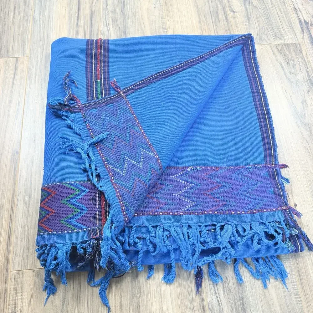 Guatemalan Woven Blanket Throw Textile Blue Fringe Traditional 82” x 88”